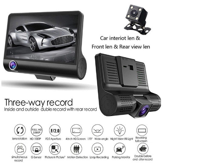 Caméra Voiture DVR 3 Caméra Objectifs Caméscope 4.0 Pouces HD1080 P - MallShop.ma